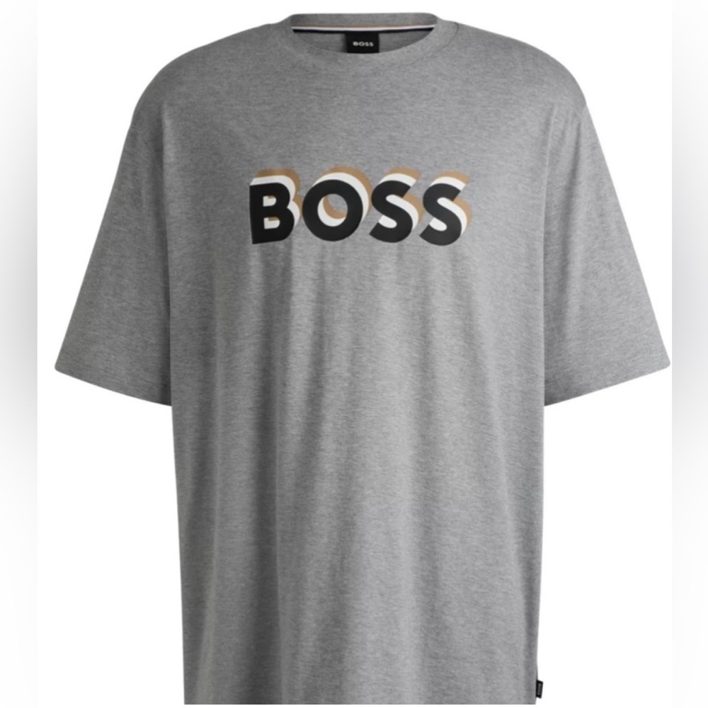 BOSS Layered Effect Logo Cotton Jersey Grey Tee NEW Men’s 5XL Big & Tall